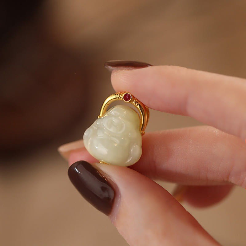 Wear FengShui 925 Sterling Silver Natural Hetian Jade Laughing Buddha Abundance Chain Necklace Pendant