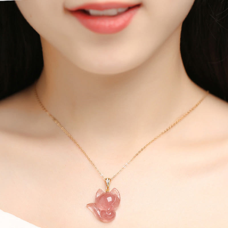 Wear FengShui 925 Sterling Silver Plated 14k Gold Strawberry Quartz Fox Healing Necklace Pendant