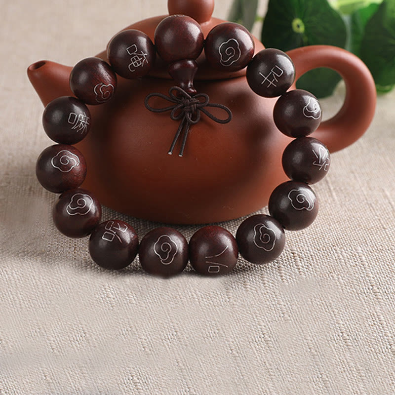 Wear FengShui 925 Sterling Silver Inlaid Small Leaf Red Sandalwood Om Mani Padme Hum Character Auspicious Clouds Protection Bracelet