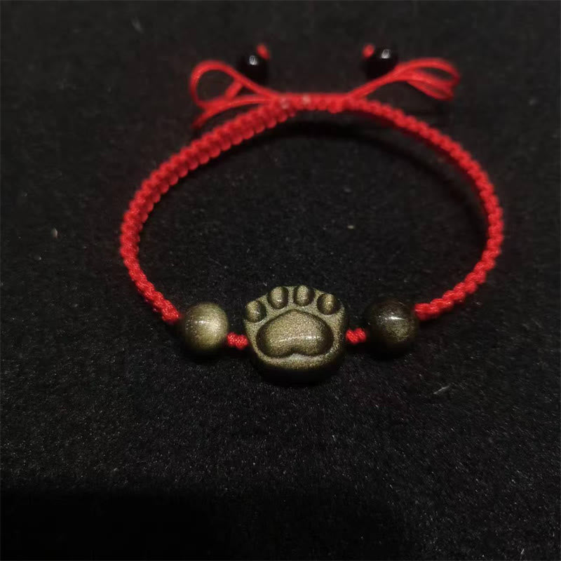 Wear FengShui Natural Silver Sheen Obsidian Gold Sheen Obsidian Cute Cat Paw Claw Protection Rope Bracelet