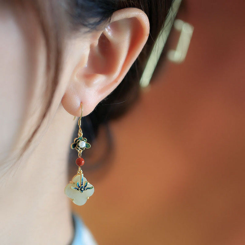 Wear FengShui Lucky Four Leaf Clover Jade Abundance Copper Earrings