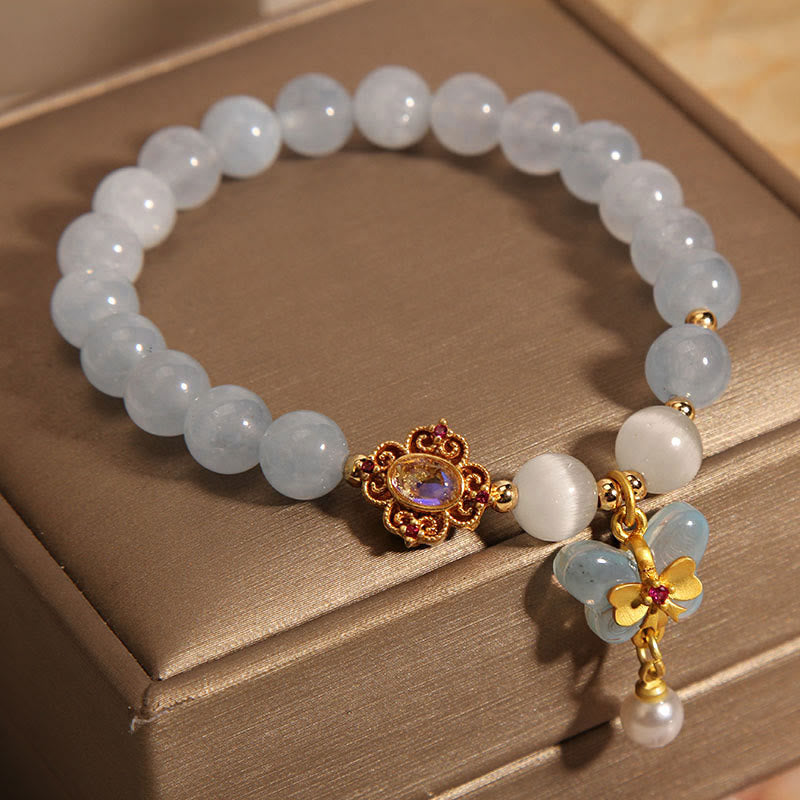 Wear FengShui Aquamarine Cat's Eye Healing Butterfly Pearl Charm Bracelet