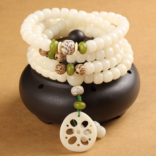 Wear FengShui White Bodhi Seed Mala 108 Beads Luck Bracelet