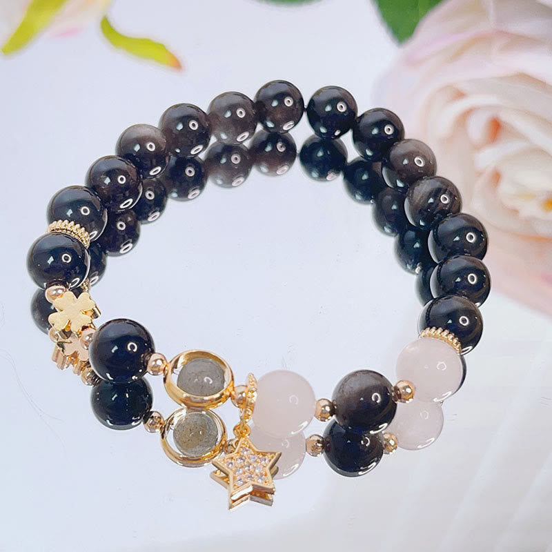 Wear FengShui Natural Silver Sheen Obsidian Love Heart Star Flower Protection Bracelet