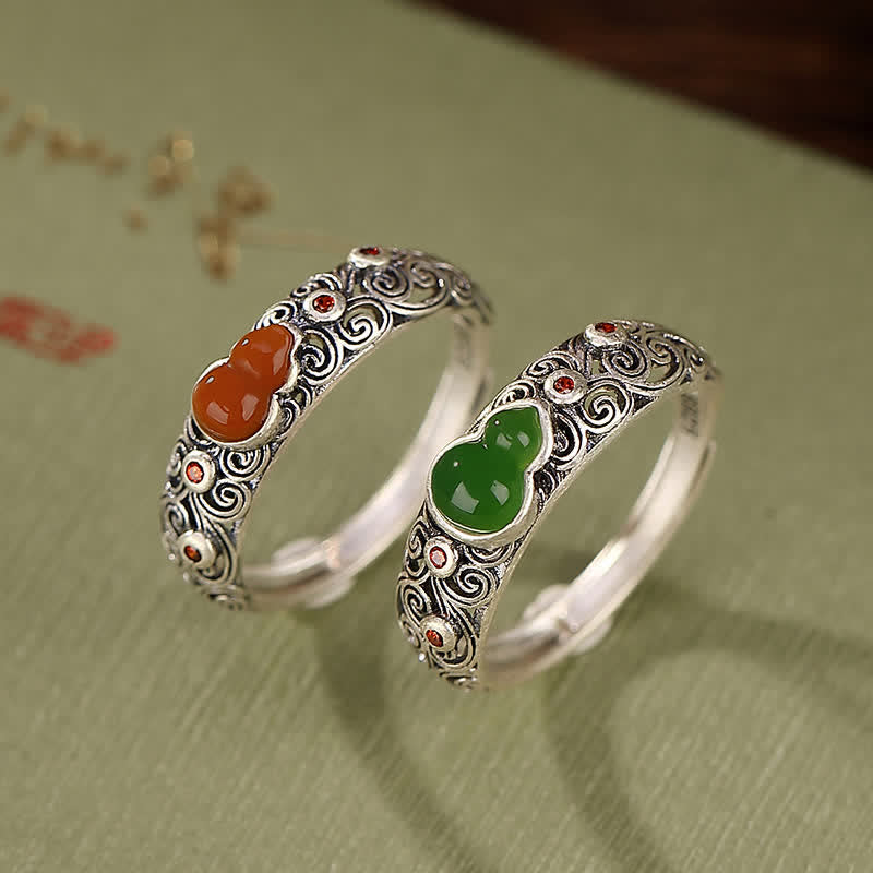 Wear FengShui 925 Sterling Silver Red Agate Cyan Jade Gourd Blessing Auspicious Ring