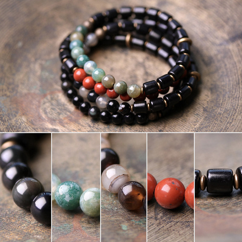 Wear FengShui Ebony Wood Red Jasper Moss Agate Crystal Copper Peace Couple Bracelet