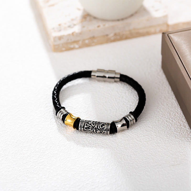 Wear FengShui Tang Dynasty Flower Design Luck Stainless Steel Buckle Leather Bracelet