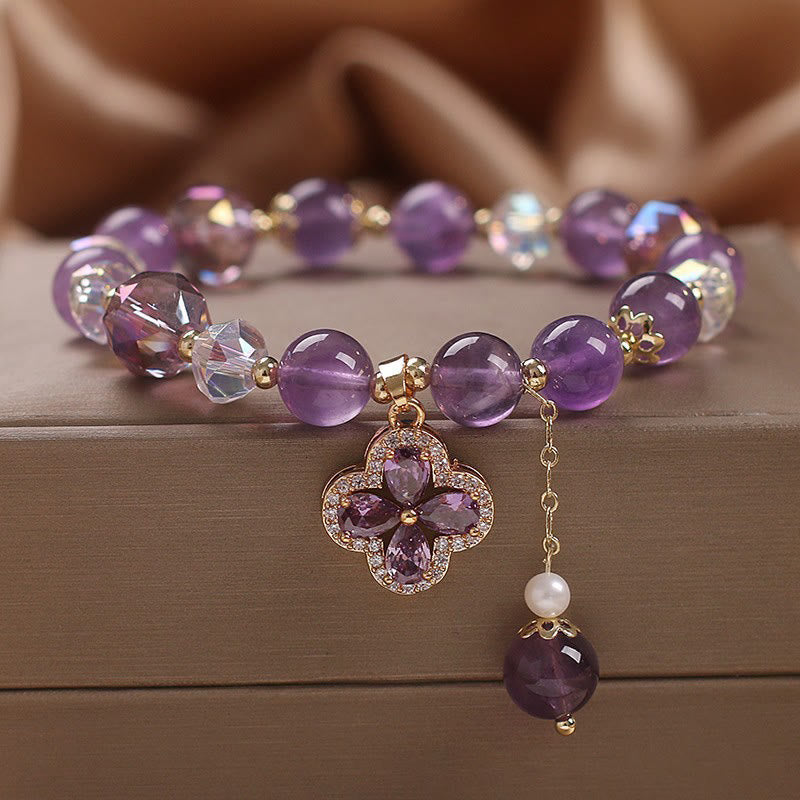 Wear FengShui Natural Amethyst Crystal Four Leaf Clover Spiritual Healing Bracelet