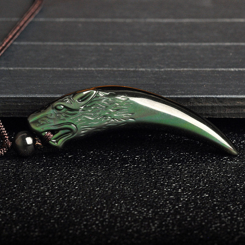 Wear FengShui Natural Black Obsidian Ice Obsidian Rainbow Obsidian Wolf Tooth Pattern Strength Necklace Pendant