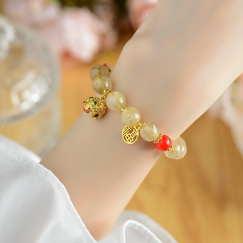 Wear FengShui Natural Golden Rutilated Quartz Fu Character Charm Bell Wealth Bracelet