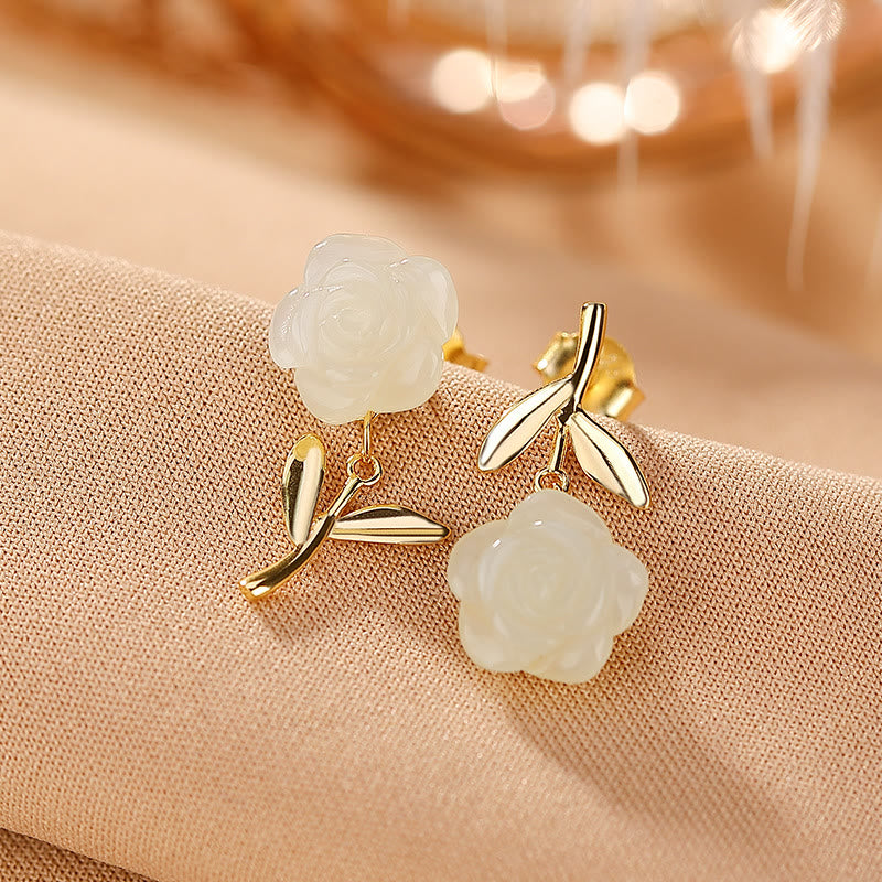 Wear FengShui 925 Sterling Silver Plated Gold Jade Rose Flower Cyan Jade Pearl Luck Earrings