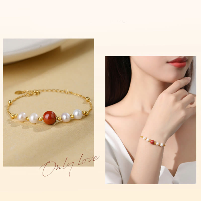 Wear FengShui 925 Sterling Silver Pearl Cinnabar Healing Bead Chain Bracelet