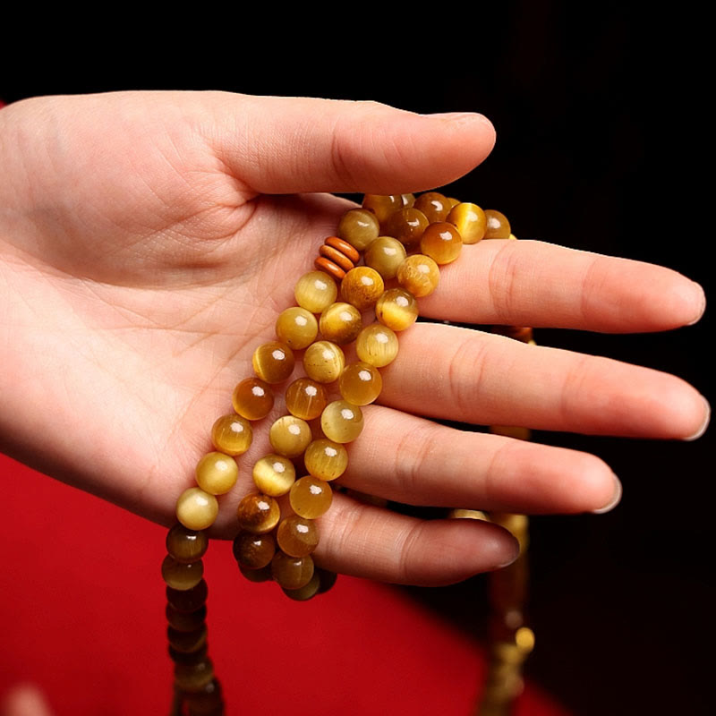 Wear FengShui 108 Mala Beads Natural Tiger Eye Copper Dorje Protection Tassel Bracelet