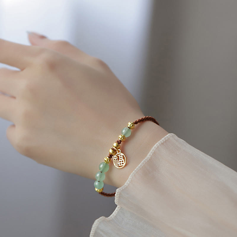 Wear FengShui Jade Beads Fu Character Blessing Rope Bracelet