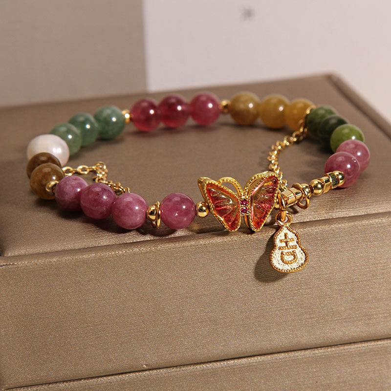 Wear FengShui Natural Colorful Tourmaline Butterfly Auspicious Character Gourd Charm Positive Bracelet