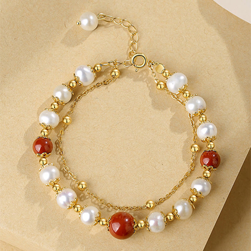 Wear FengShui 925 Sterling Silver Pearl Cinnabar Wisdom Bead Double Layer Chain Bracelet