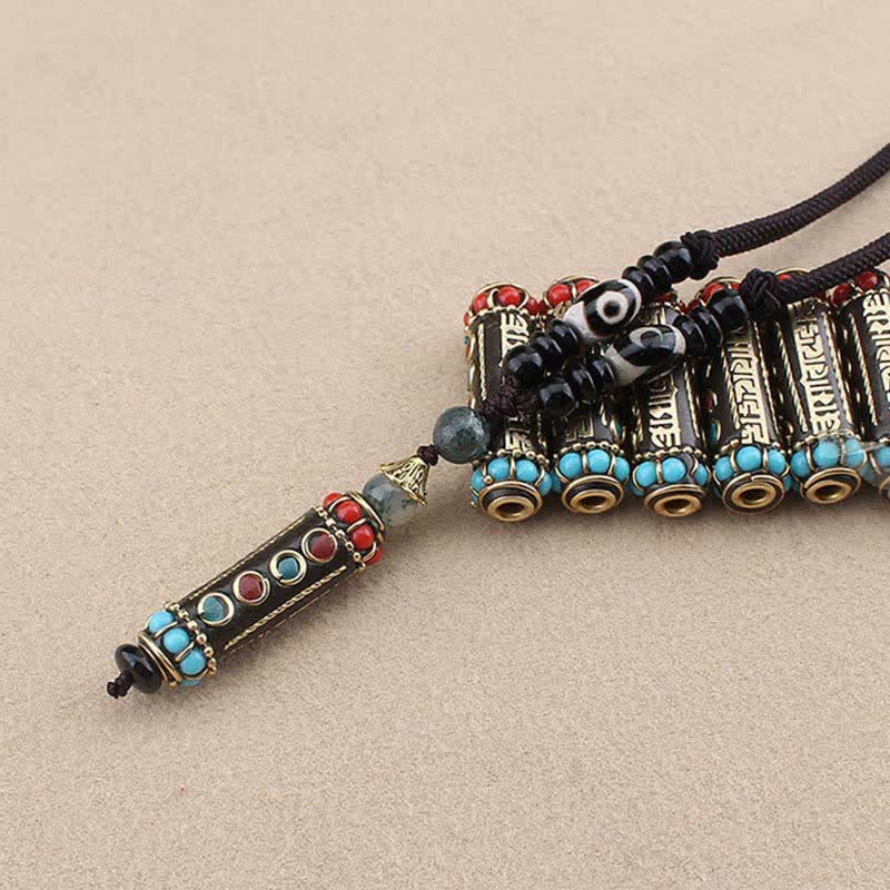 Wear FengShui Tibetan Om Mani Padme Hum Dzi Bead Wenge Wood Necklace Pendant