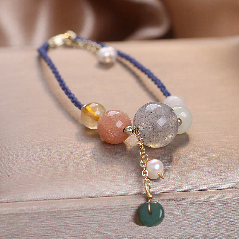 Wear FengShui Moonstone Sunstone Beads Peace Buckle Charm Healing Bracelet