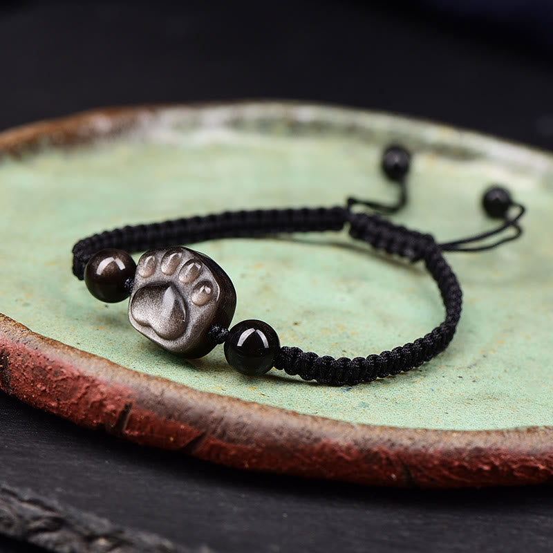 Wear FengShui Natural Silver Sheen Obsidian Gold Sheen Obsidian Cute Cat Paw Claw Protection Rope Bracelet