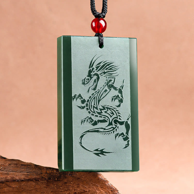Wear FengShui Hetian Cyan Jade Dragon Engraved Success Necklace Pendant