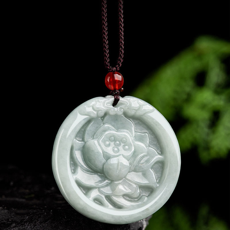 Wear FengShui Natural Jade Lotus Flower Carved Prosperity Necklace Pendant