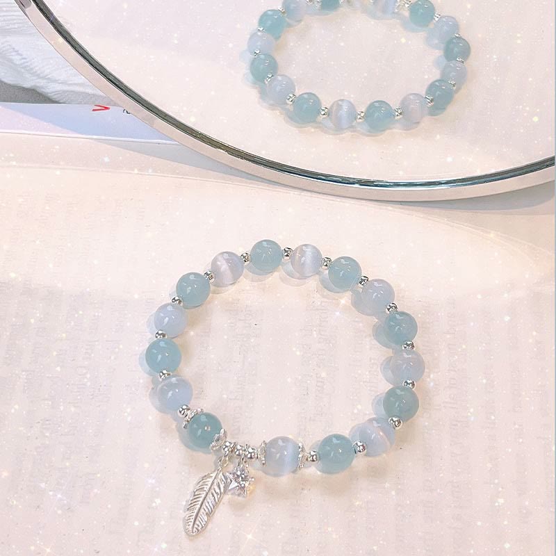 Wear FengShui 925 Sterling Silver Aquamarine Cat's Eye Healing Feather Star Charm Bracelet