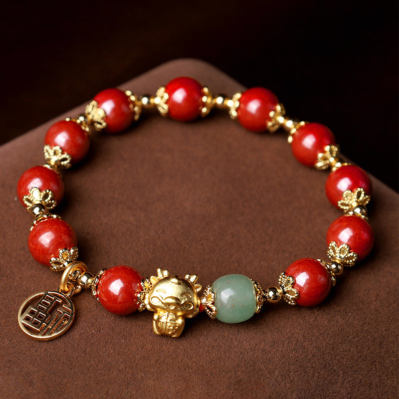 Wear FengShui Year of the Dragon Natural Cinnabar Fu Character Charm Blessing Bracelet