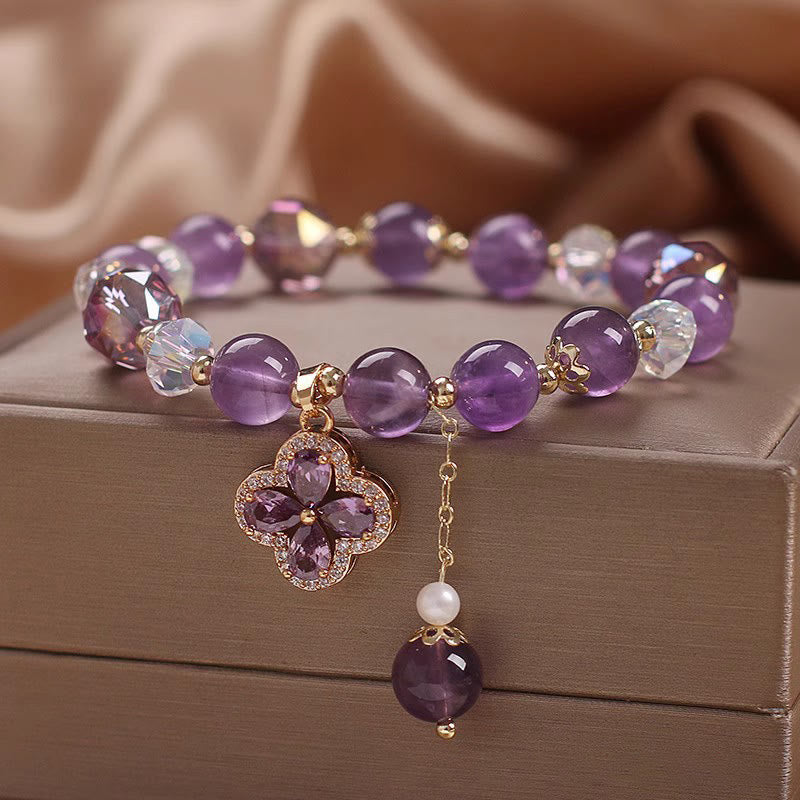 Wear FengShui Natural Amethyst Crystal Four Leaf Clover Spiritual Healing Bracelet