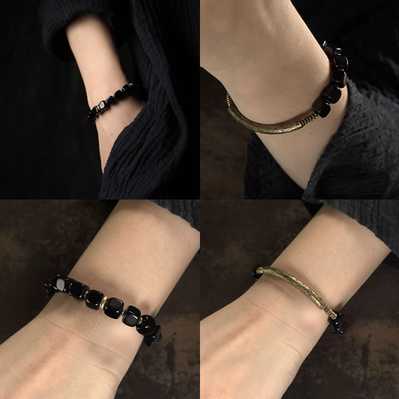 Wear FengShui Black Obsidian Crystal Copper Strength Couple Bracelet