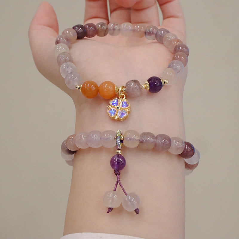 Wear FengShui Natural Purple Golden Silk Jade Violet Flower Bead Charm Wealth Bracelet
