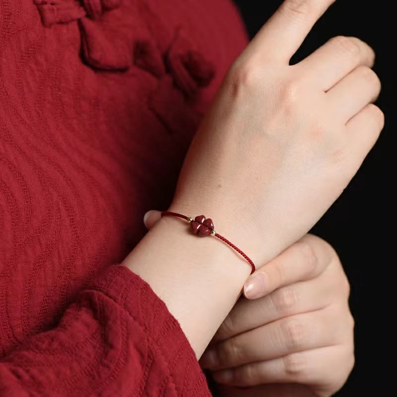 Wear FengShui Natural Cinnabar Four Leaf Clover Blessing Red String Bracelet Anklet
