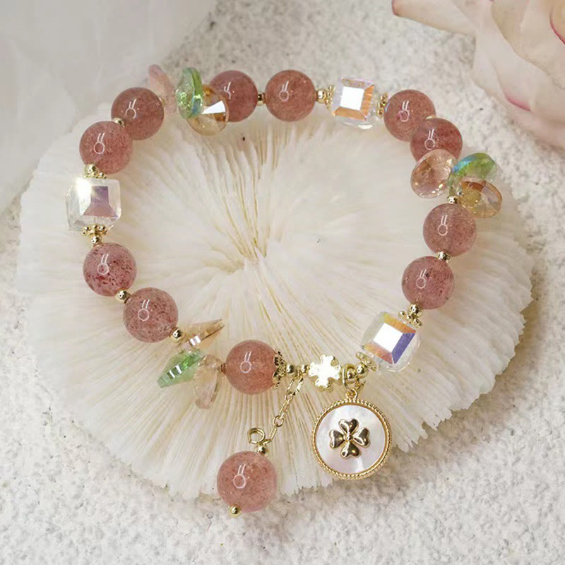Wear FengShui Strawberry Quartz Lucky Four Leaf Clover Healing Charm Bracelet