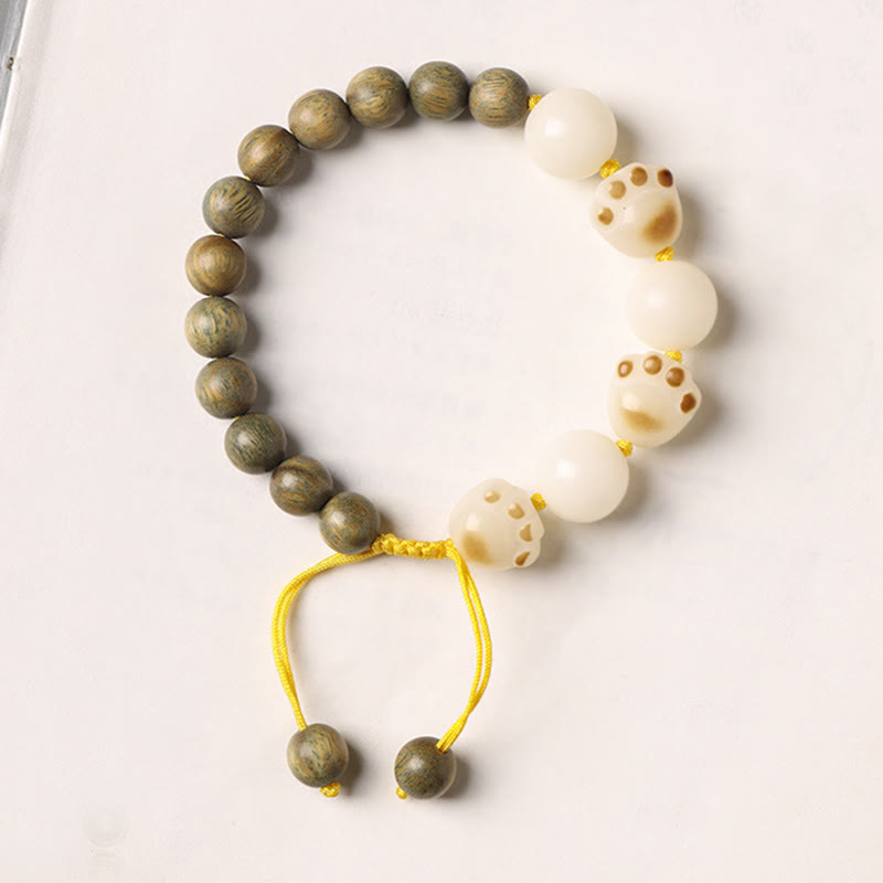 Wear FengShui Natural Green Sandalwood Bodhi Seed Cat Paw Claw Cure Bracelet