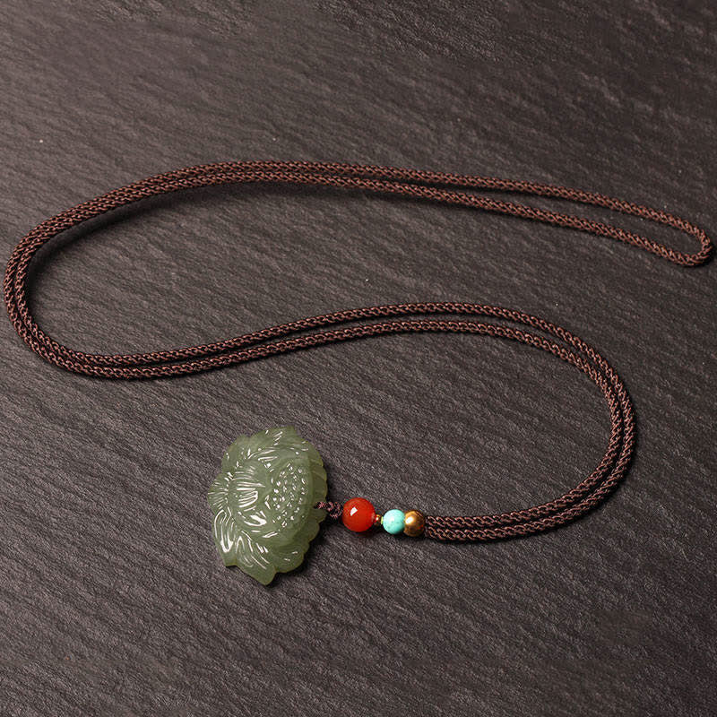 Wear FengShui Hetian Cyan Jade Lotus Flower Success Necklace Pendant