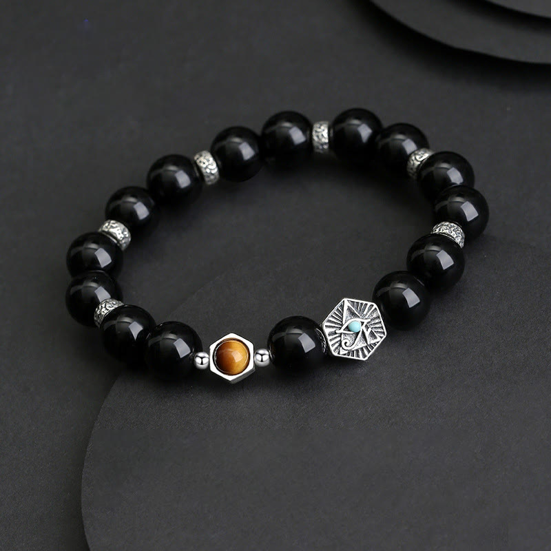 Wear FengShui 925 Sterling Silver Black Obsidian Tiger Eye Eye of Providence Purification Bracelet