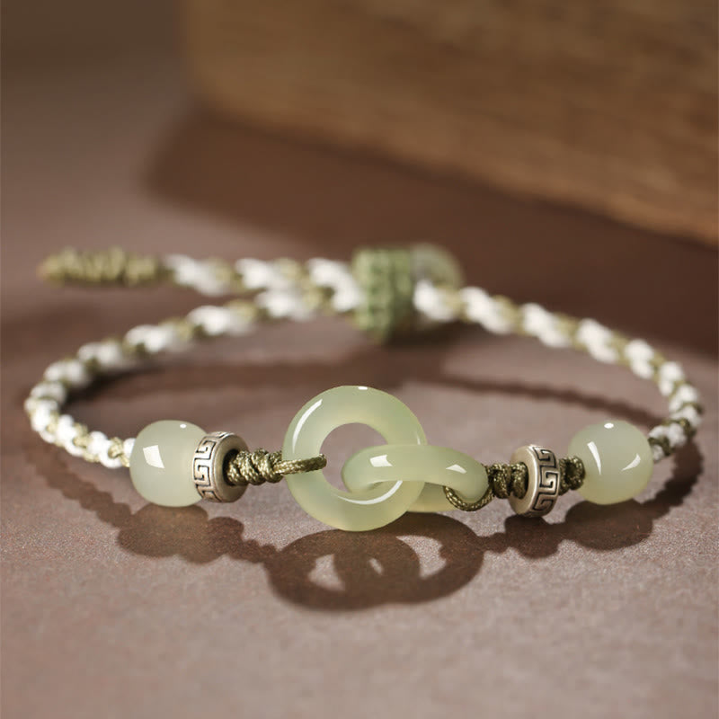 Wear FengShui Natural Hetian Jade Peace Buckle Luck Braided Bracelet