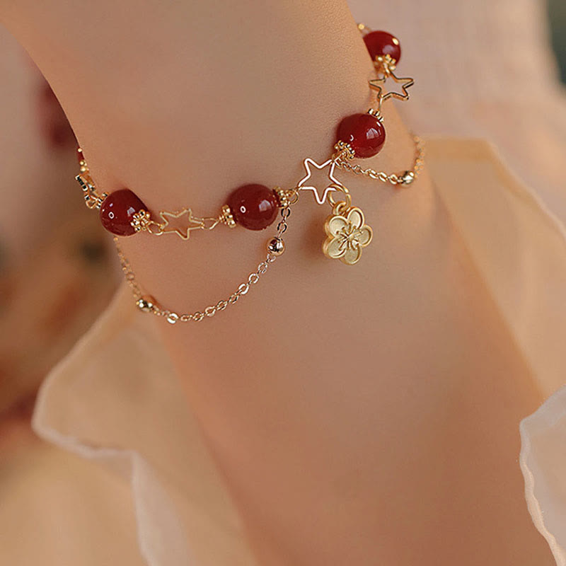 Wear FengShui 14k Gold Plated Red Agate Star Flower Charm Calm Bracelet