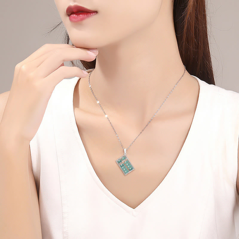 Wear FengShui Natural Jade Abacus Pattern Abundance Titanium Steel Chain Necklace Pendant