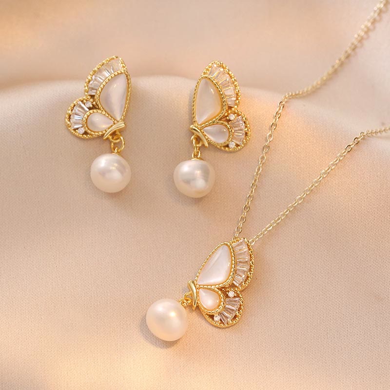Wear FengShui Tridacna Stone Pearl Bead Butterfly Healing Necklace Pendant Earrings Set