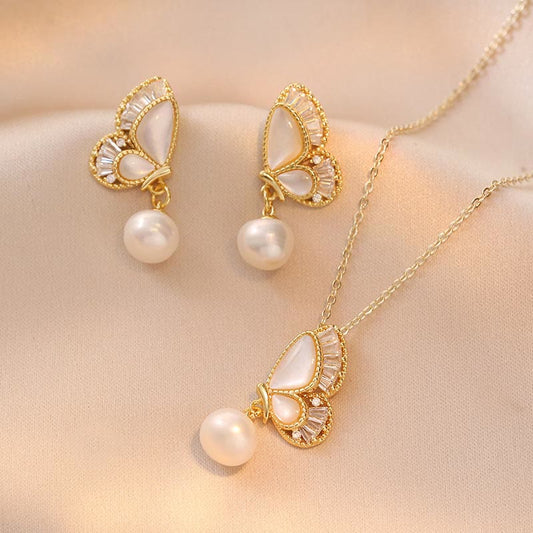 Wear FengShui Tridacna Stone Pearl Bead Butterfly Healing Necklace Pendant Earrings Set