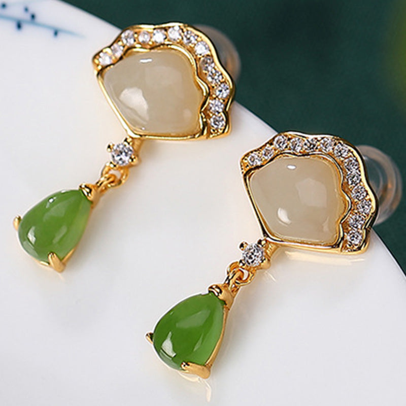 Wear FengShui White Jade Cyan Jade Fan Water Drop Pattern Luck Drop Earrings