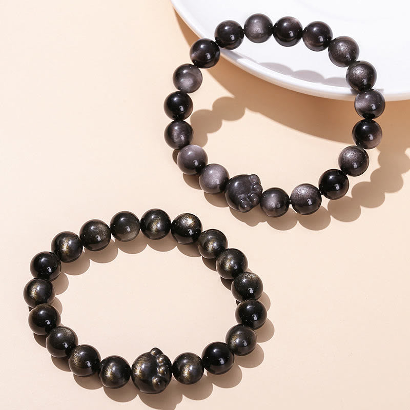 Wear FengShui Natural Gold Sheen Obsidian Silver Sheen Obsidian Cute Cat Paw Claw Wealth Bracelet