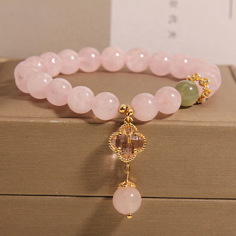 Wear FengShui Natural Pink Crystal Four Leaf Clover Soothing Bracelet