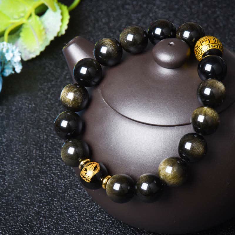 Wear FengShui Chinese Zodiac Natal Buddha Gold Sheen Obsidian Wealth Protection Bracelet