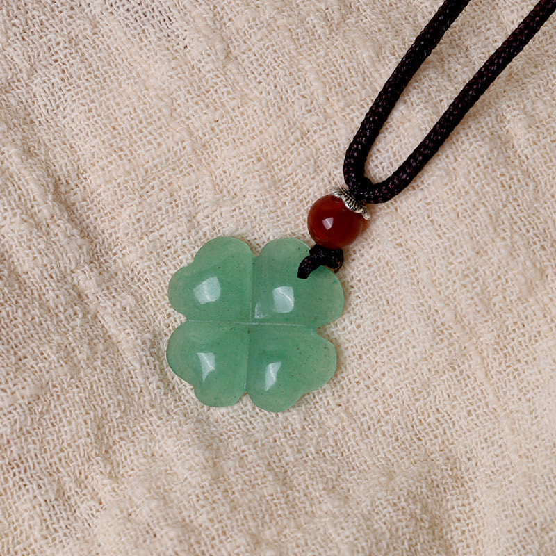 Wear FengShui 925 Sterling Silver Green Aventurine Four Leaf Clover Luck Leather Rope Necklace Pendant