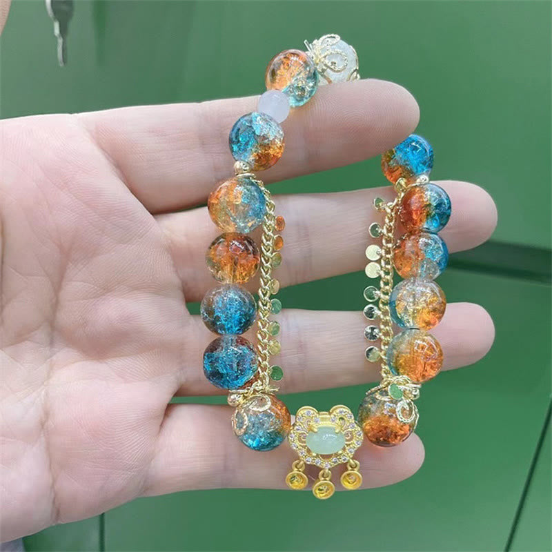 Wear FengShui Colorful Liuli Glass Bead Chinese Lock Charm Fortune Bracelet