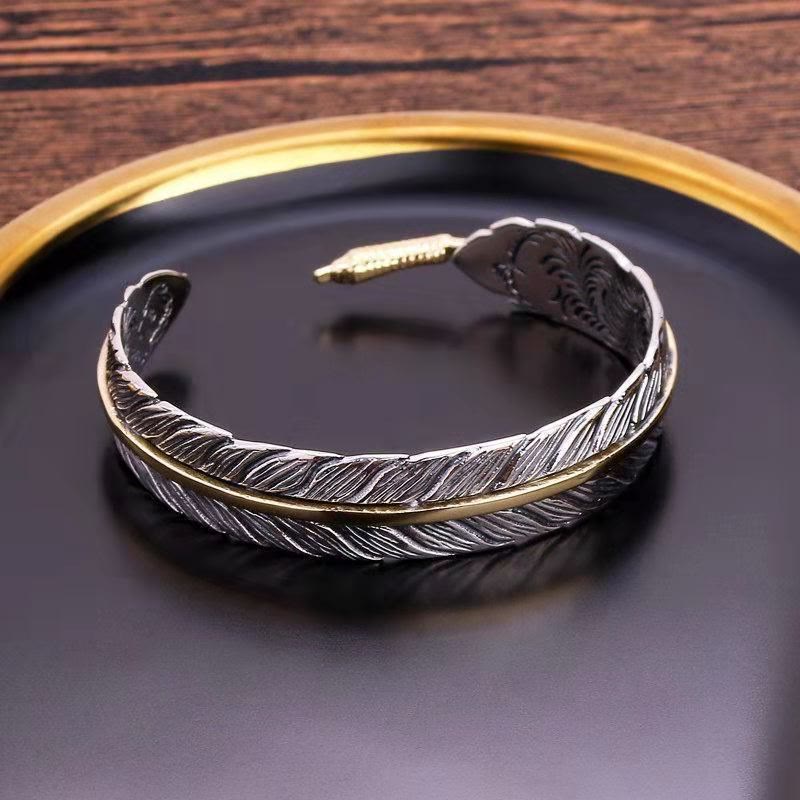 Wear FengShui Feather Pattern Carved Luck Wealth Cuff Bracelet Bangle