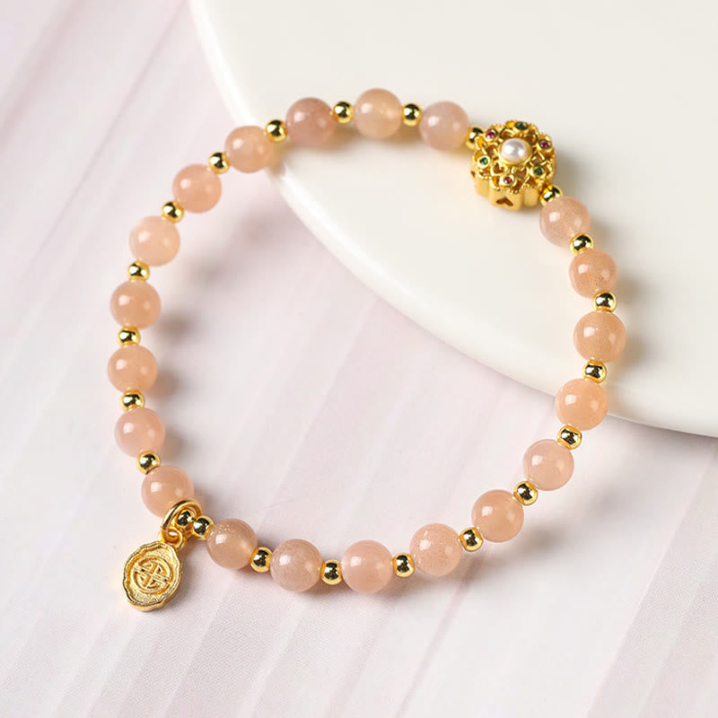 Wear FengShui 14K Gold Plated Natural Strawberry Quartz Labradorite Sun Stone Fu Character Positive Charm Bracelet