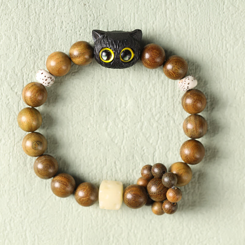 Wear FengShui Green Sandalwood Ebony Wood Cat Peace Soothing Bracelet