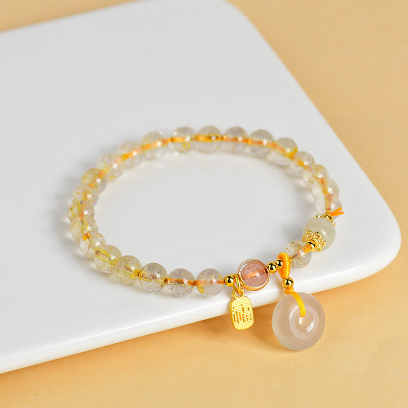 Wear FengShui Natural Golden Rutilated Quartz Fu Character Peace Buckle Charm Wealth Bracelet